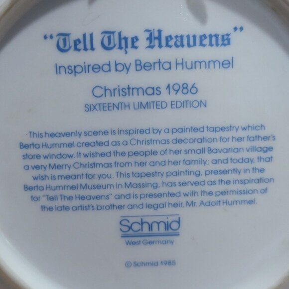 Schmid Hummel Christmas 1986 Tell The Heavens Decorative Wall Hanging Plate - Picture 5 of 11